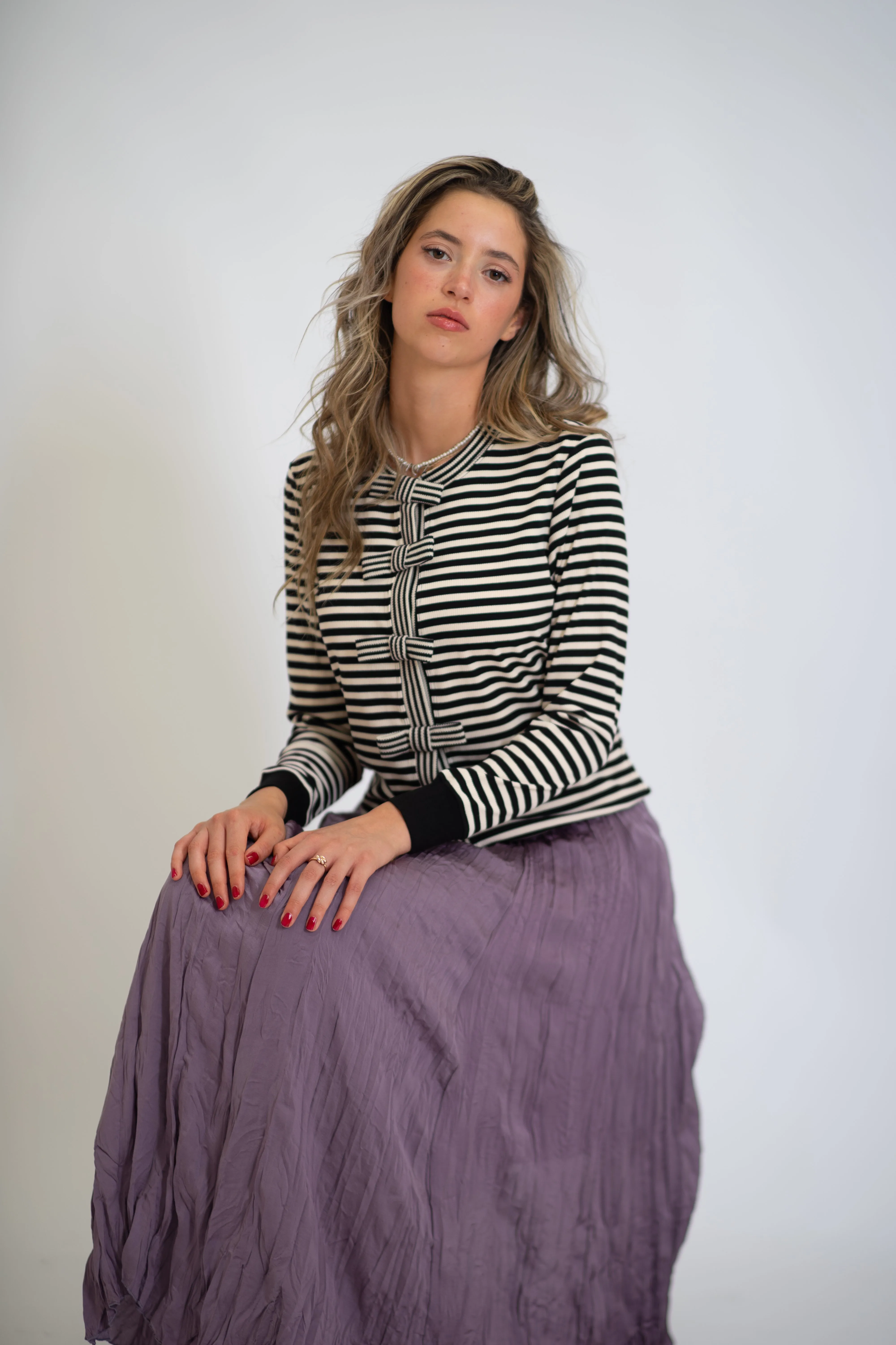 Ribbon-Tie Striped Cardigan