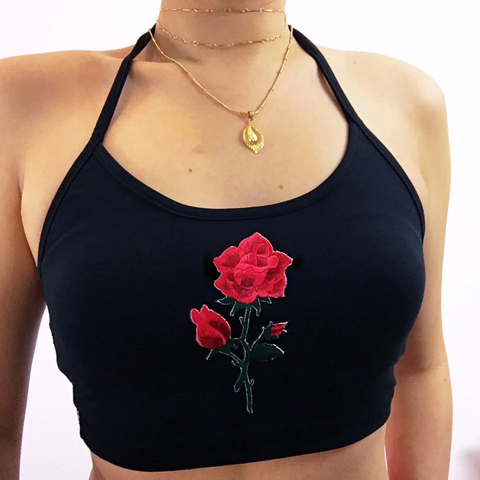 ROSE STRETCHY HALTER NECK TIES CROP TOP