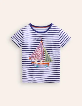 Short Sleeve Appliqué T-shirt-Ivory/ Starboard Stripe Boat