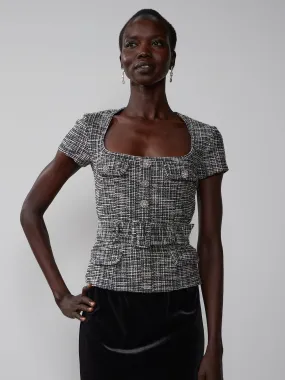 Short Sleeve Rhinestone Button Boucle Top