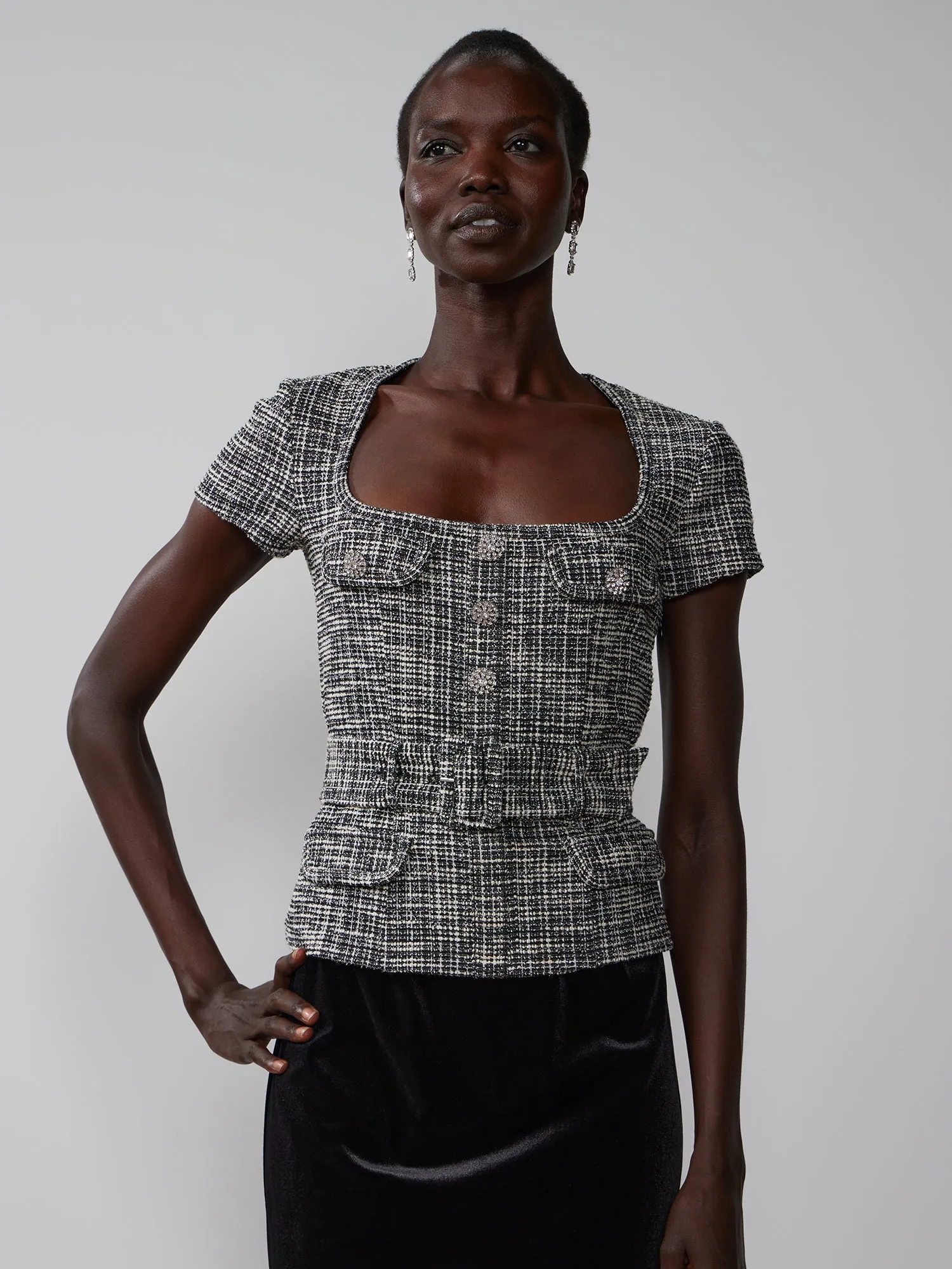 Short Sleeve Rhinestone Button Boucle Top