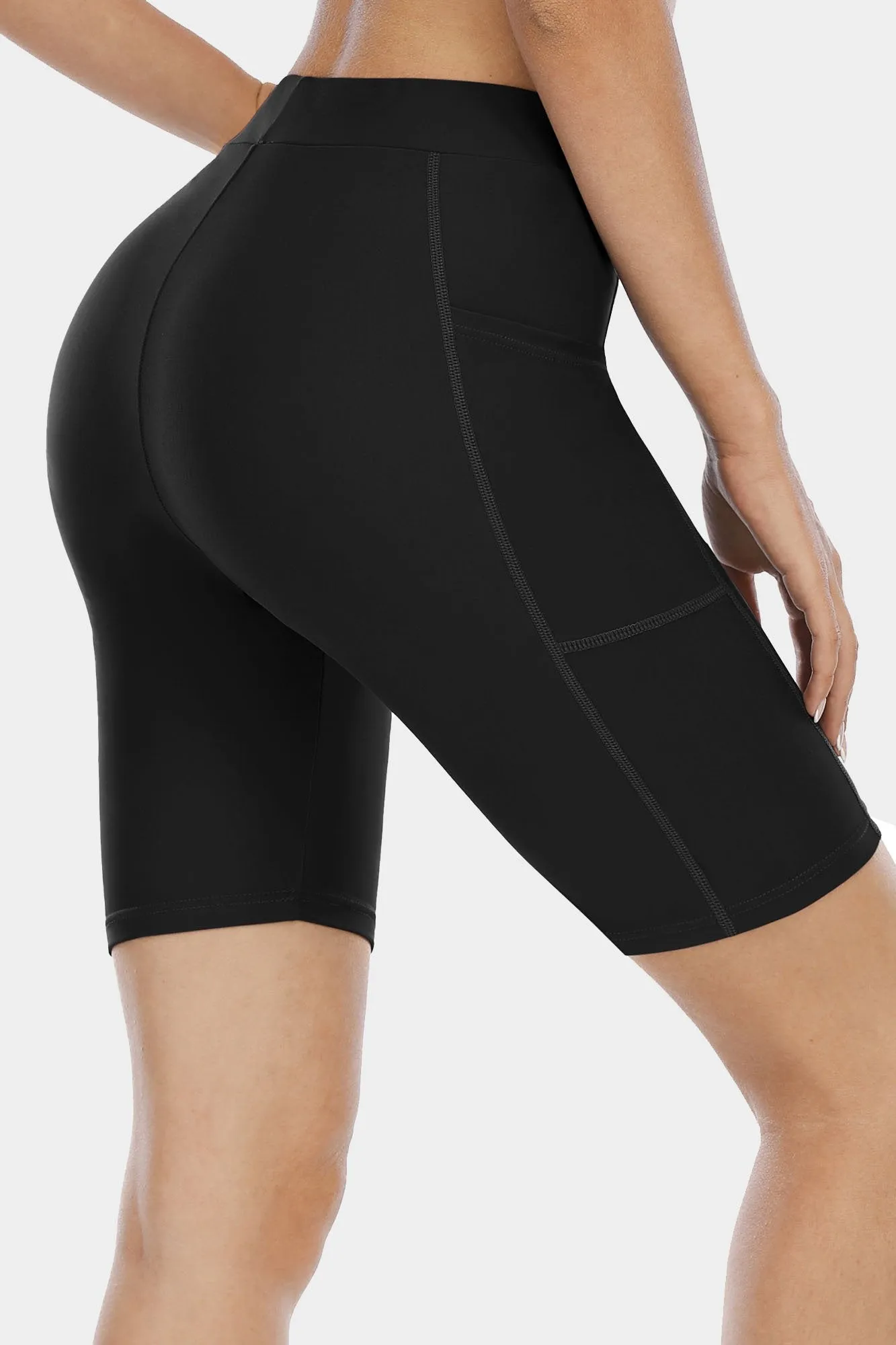 Solid High Waist Pocket Swim Shorts