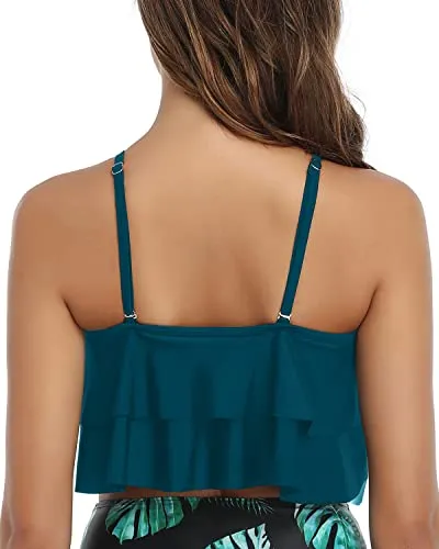 Stretchy Band Bikini Top Flounce Swim Top-Teal