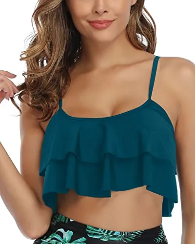 Stretchy Band Bikini Top Flounce Swim Top-Teal