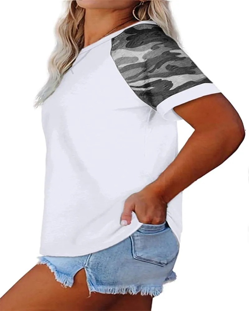 Summer Short Sleeve Camouflage Printing Plus Size T-Shirt Women Casual Patchwork Tops