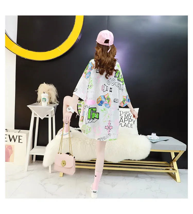 Summer T-Shirt Women Short Sleeve Mid-Length Loose Round-Neck Printed Half Sleeved Tops Alphabets Creative T-Shirt