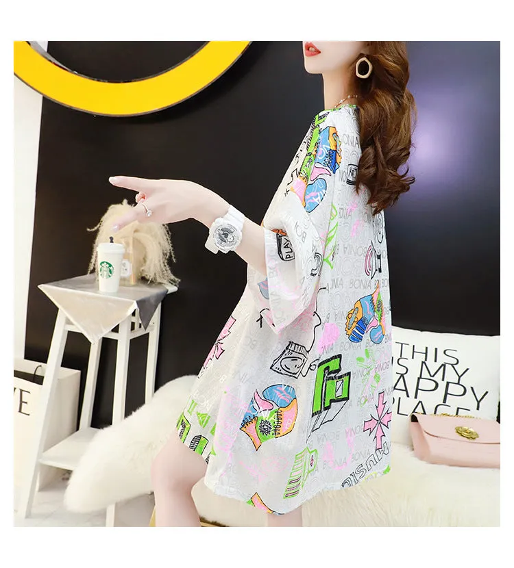 Summer T-Shirt Women Short Sleeve Mid-Length Loose Round-Neck Printed Half Sleeved Tops Alphabets Creative T-Shirt