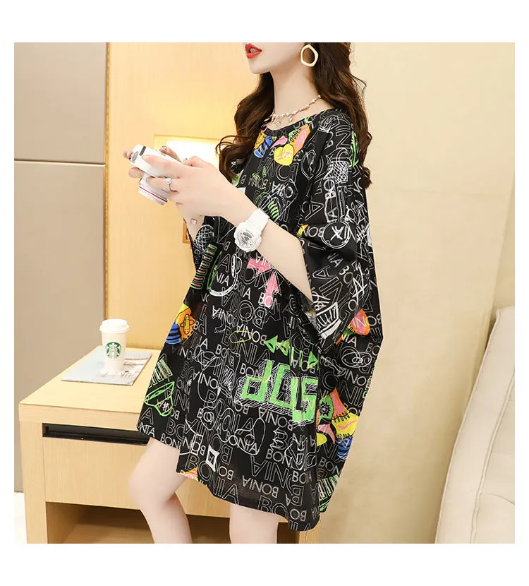 Summer T-Shirt Women Short Sleeve Mid-Length Loose Round-Neck Printed Half Sleeved Tops Alphabets Creative T-Shirt