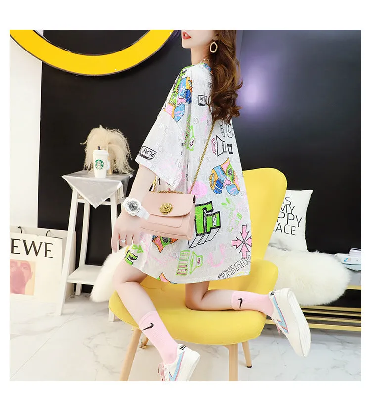 Summer T-Shirt Women Short Sleeve Mid-Length Loose Round-Neck Printed Half Sleeved Tops Alphabets Creative T-Shirt