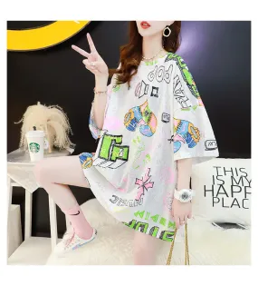Summer T-Shirt Women Short Sleeve Mid-Length Loose Round-Neck Printed Half Sleeved Tops Alphabets Creative T-Shirt