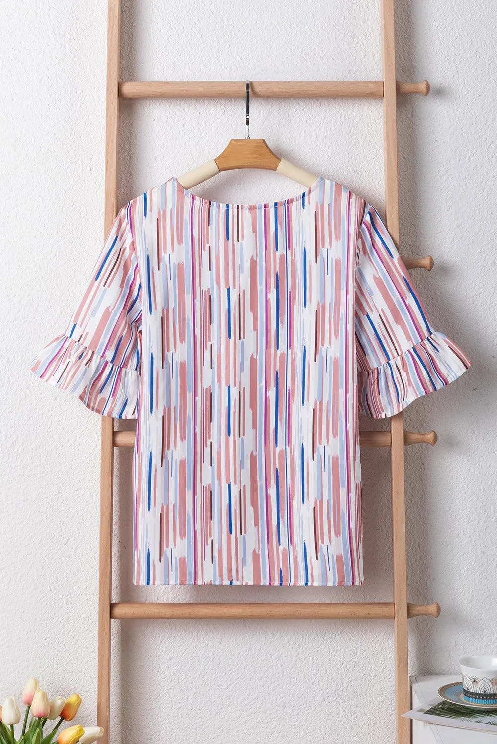 White Multicolor Striped Splash Half Sleeve Blouse for Women