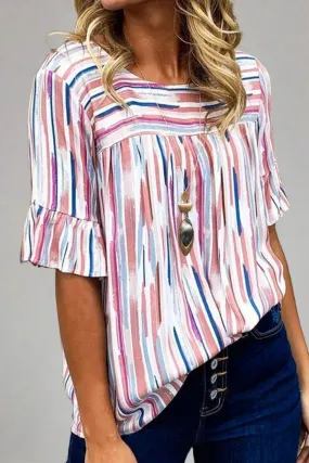 White Multicolor Striped Splash Half Sleeve Blouse for Women