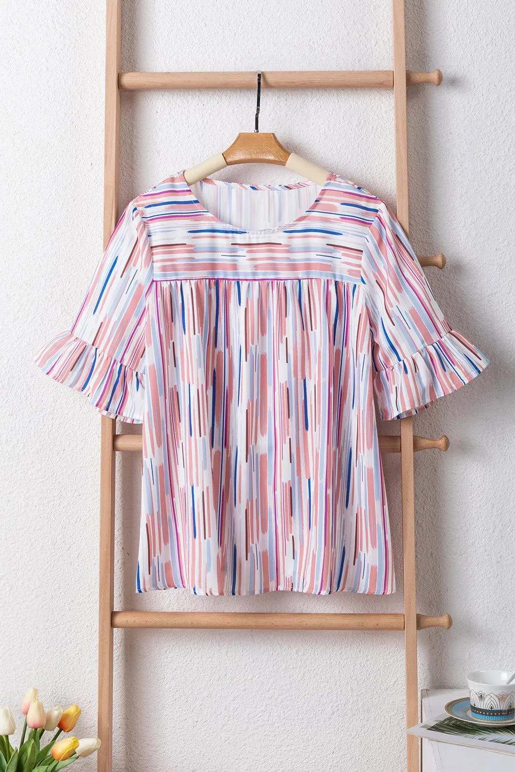 White Multicolor Striped Splash Half Sleeve Blouse for Women