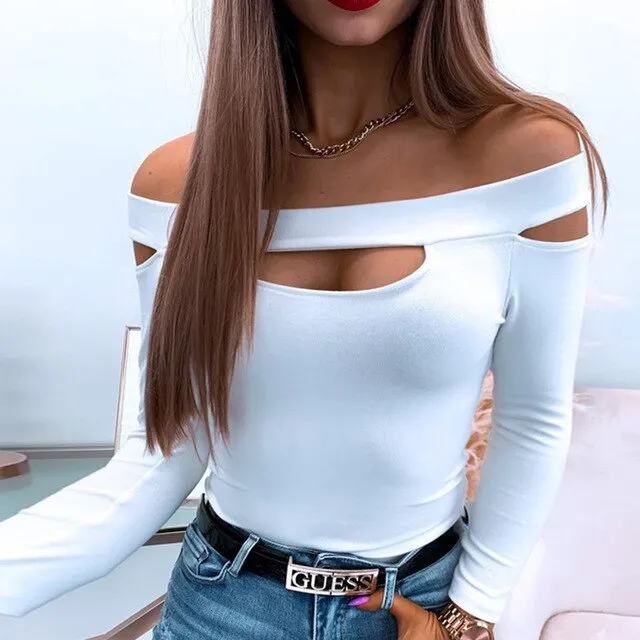 Women Elegant O Neck Off Shoulder Tee Shirt.
