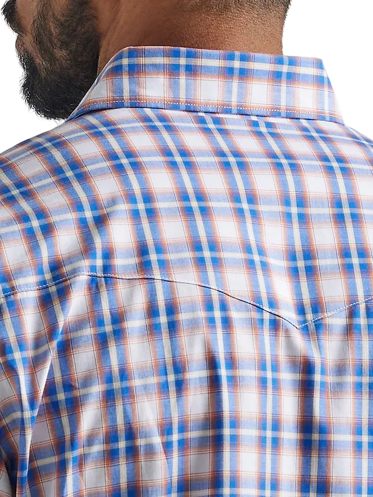 Wrangler Men's Wrinkle Blue Orange Western Plaid Shirt - Big