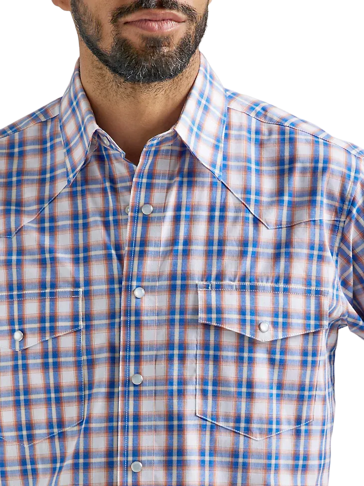 Wrangler Men's Wrinkle Blue Orange Western Plaid Shirt - Big