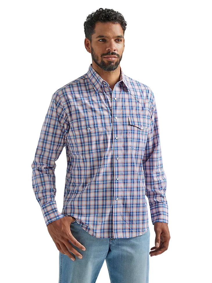 Wrangler Men's Wrinkle Blue Orange Western Plaid Shirt - Big