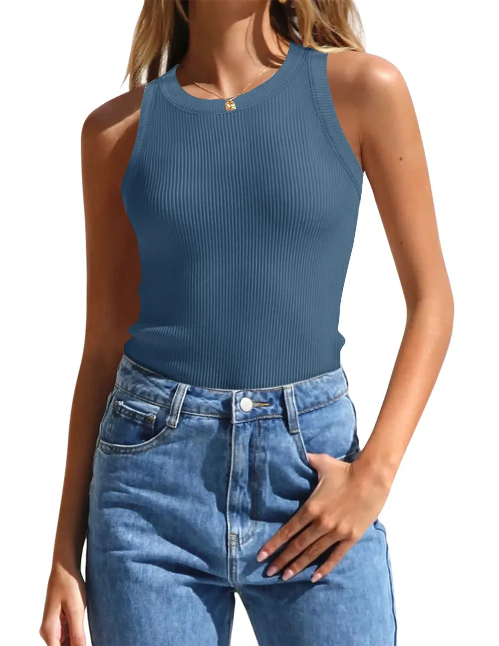 ZESICA High Neck Racerback Color Block Ribbed Tank Top