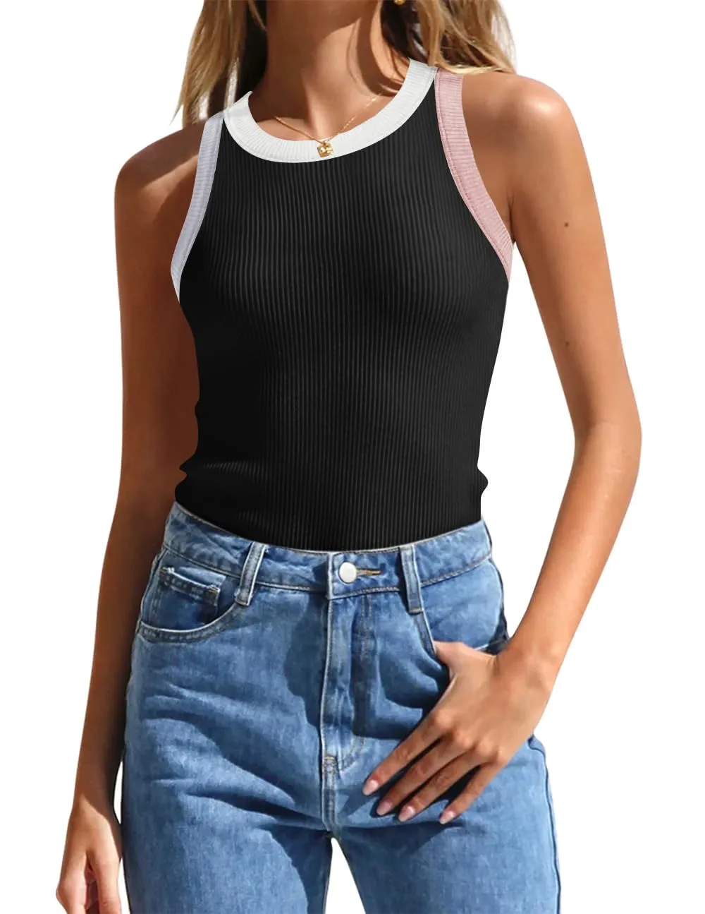 ZESICA High Neck Racerback Color Block Ribbed Tank Top
