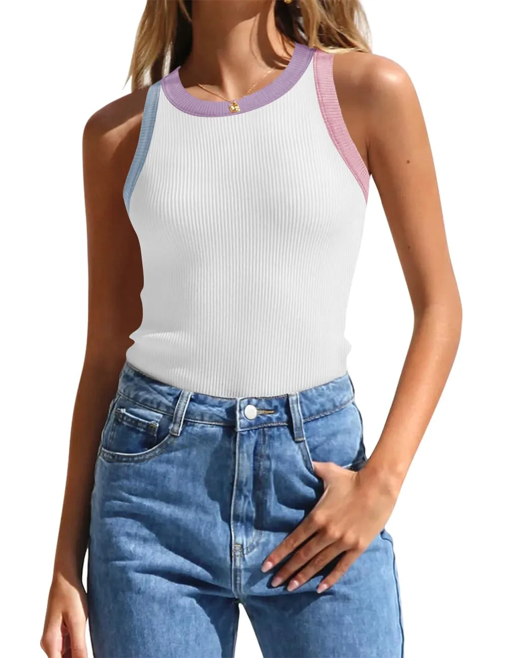 ZESICA High Neck Racerback Color Block Ribbed Tank Top