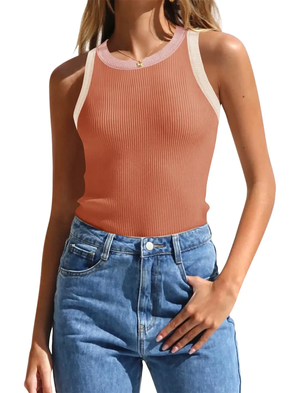 ZESICA High Neck Racerback Color Block Ribbed Tank Top