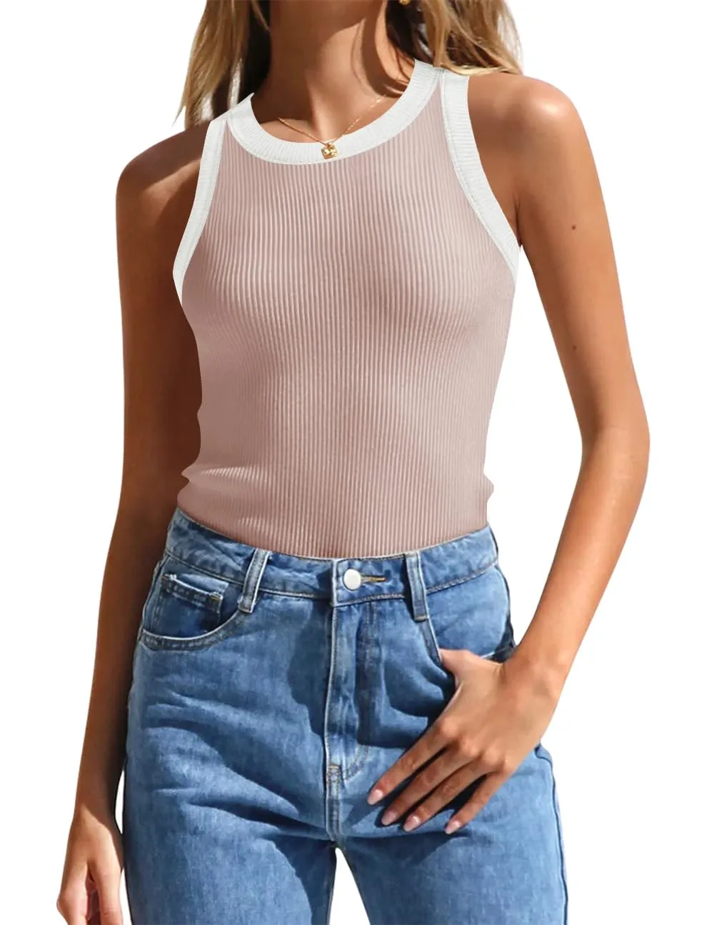ZESICA High Neck Racerback Color Block Ribbed Tank Top