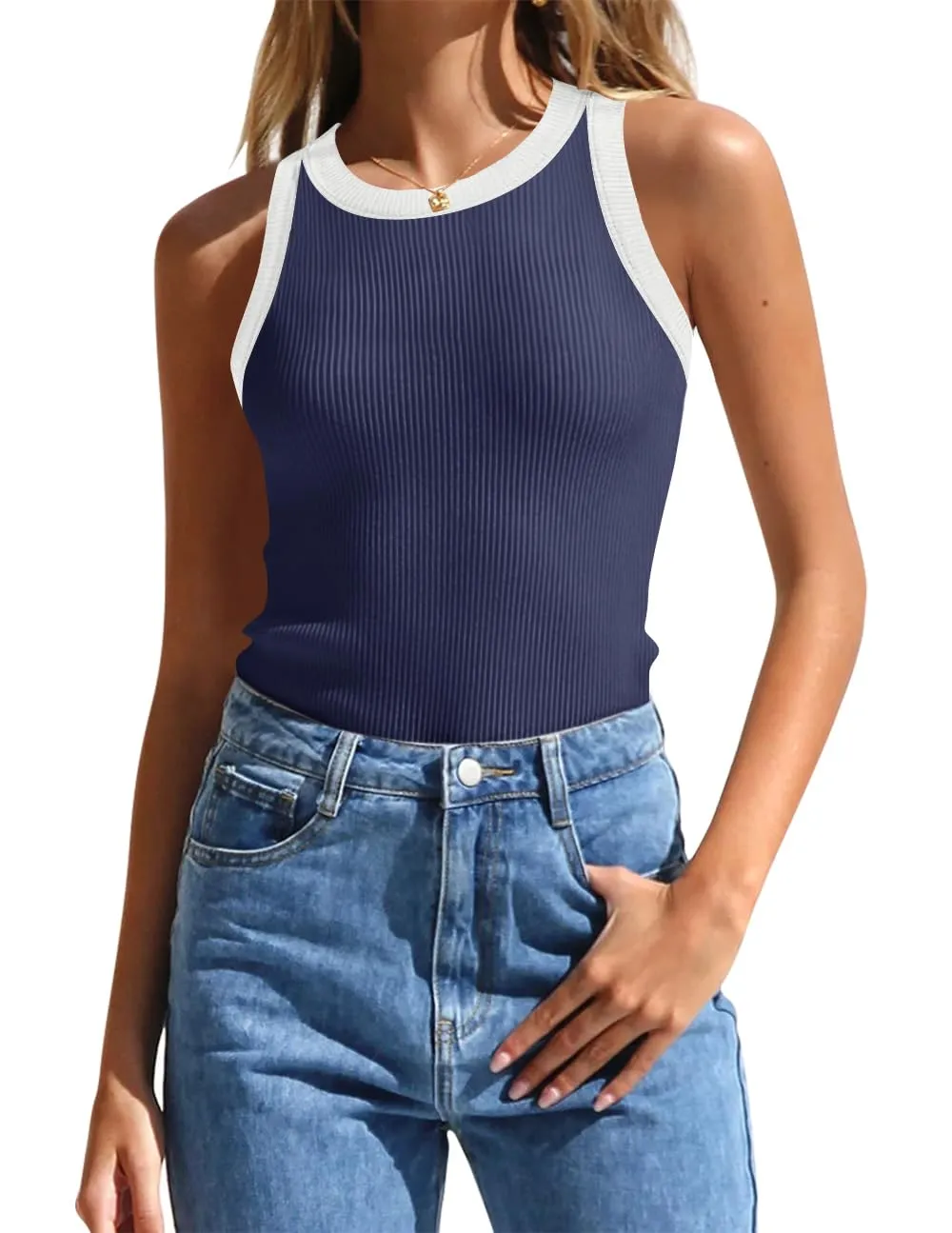 ZESICA High Neck Racerback Color Block Ribbed Tank Top