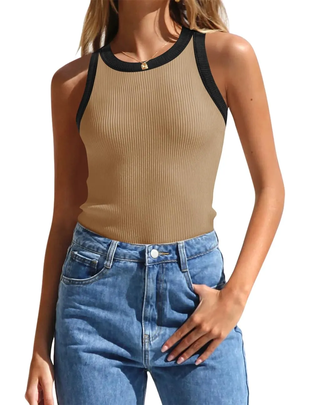 ZESICA High Neck Racerback Color Block Ribbed Tank Top